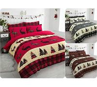 ComfyTrends Reversible Xmas Stag Duvet Cover With Pillow Cases Bed Set - Thermal Flannelette Soft 100% Brushed Cotton Snugly Quilt Bedding (Burgundy Brown, Super King)