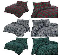 ComfyTrends Thermal Flannelette Tartan Check Duvet Cover + Pillow Cases Bed Set - 100% Brushed Cotton Warm Reversible Quilt Bedding (Green - Tartan Check, King Duvet Set)