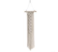 Comgooldool Hand Woven Cotton Tapestry Wall Hanging With Wooden Pole, Bohemian Geometric Macrame Decor For Living Room Bedroom Wedding Background, Beige 16X16cm(Wooden Rod Style)