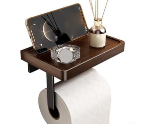 Comgooldool Toilet Paper Holder 18cm Long with Wooden Shelf | for premium carbon steel, black coating, for proof, no , suitable for humid kitchens(Walnut Gray)