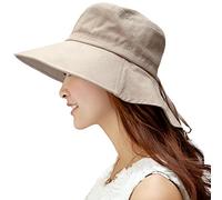 Comhats Ladies Sun Hat Packable SPF 50 Large Brim with Neck Flap Summer Spring UV Cotton Safari Gardening Walking Fishing Hat with Chin Cord Khaki Large 58-59CM