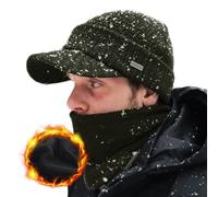 Comhats Large Merino Wool Winter Hats for Men Peaked Beanie Hat Women with Thermal Snood Fleece Neck Warmer Green L/XL