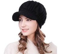 Comhats Merino Wool Ladies Winter Hats Womens Visor Beanie Double Layer Knit Peaked Beanies Baker Boy Hat 120_Black