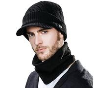 Comhats PolarWool™ Winter Peaked Beanie Hat Men Wool Knitted Wooly Hats with Peak Visor Warm Golf Hats & Thermal Snood Fleece Neck Warmer for Ski Walking Black L