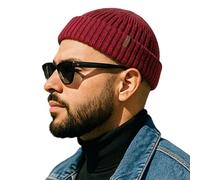 Comhats Winter Wool Fisherman Cuffed Beanie Hats for Men Knitted Warm Lightweight Skull Cap Gifts Running Ski Big Head Red Medium Large