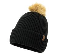 Comhats Womens Winter Hats Wool Ladies Bobble Hats Cashmere Beanie Double Layer Thermal Knitted Hat with Pom Pom Black