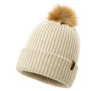 Comhats Womens Winter Hats Wool Ladies Bobble Hats Cashmere Beanie Double Layer Thermal Knitted Hat with Pom Pom Beige
