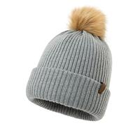 Comhats Womens Winter Hats Wool Ladies Bobble Hats Cashmere Beanie Double Layer Thermal Knitted Hat with Pom Pom Grey