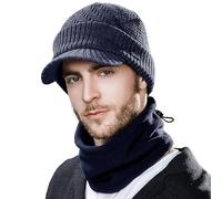 Comhats XL XXL Merino Wool Winter Hats for Men Peaked Beanie Hat Women with Thermal Snood Fleece Neck Warmer Navy Blue XL/XXL