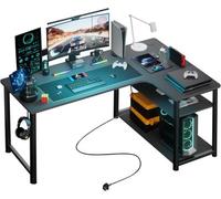 Comhoma L Shaped Gaming Desk, 120X80Cm Power Outlets Corner Computer Desk With Shelves, Headphone Hook For Home Office, Black