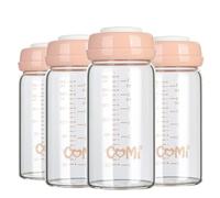 Comi Baby Glass Breastmilk Storage Bottles Pink 4 Packs 8.oz 240ml Wide Neck Bottles with Screw Ring Sealing Disk BPA-Free Breastfeeding Milk Collection Fits Breast Pumps & Nipples(4 Pink Lids)