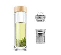 COMI Tea Bottle, 14 oz, Borosilicate Glass, Double Wall, Infuser & Strainer, Bamboo Lid, 400ml