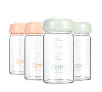 COMI Wide Neck Glass Breastmilk Collection n Storage Bottle, 4 Packs, 6oz with Screw Ring Sealing Disk; Re-markable Sealing Disc. BPA Free, Fits Breast Pumps & Nipples (2 Gray Lids + 2 Pink Lids)