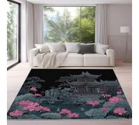 Comic Area Rug 140 x 200 cm Washable Living Room, Non-slip Soft Short Pile Elegant Architecture Floral Floor Carpet for Bedroom Home Office Dining Room Kitchen Decor, Black Pink