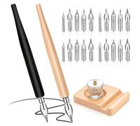 Comic Dip Pen Set, 2 Wooden Holders + 20 Nibs, with Stand & Ink Bottle
