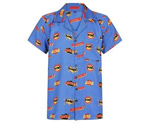 Comic Print Shirt Hawaiian Shirt Mens Hawaii Holiday Beach Stag BBQ Beer Summer Superhero Boom Graffiti Cartoon Vintage Clothing Book S M L XL XXL (Small, Blue)