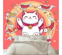 Comic Style Cat Fish Animals Photo Mural - 300 x 210 cm Non-Woven Premium Fleece Wall Mural - High Definition Art Print Teen Bedroom Game Room Decoration Watermelon Red Photo Wallpaper