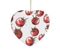 Comic Style Tomatoes Ceramic Christmas Ornaments Double Sided Porcelain Hanging Heart Pendant for Xmas Tree, Holiday Home Decor and Gift Party Decorations