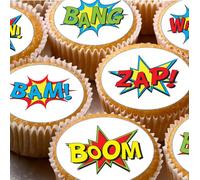 Comic Superhero Speech Pre-cut Edible Wafer Cupcake Toppers, Round Cake Party Decorations with BAM BOOM ZAP Design, x 24
