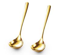 Comicfs 2 Pack Gold Gravy Ladle, SUS 304 Stainless Steel Soup Ladle, Small Soup Ladle, Sauce Ladles, Small Serving Ladles for Stirring, Mirror finished Soup Spoon and Dishwasher Safe 8-Inch (Gold)