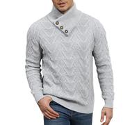 Comilaka Men's Knitted Jumper Long Sleeve Cable Sweater Turtle Neck Pullover Button Warm Casual Winter Light Grey
