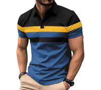 Comilaka Men's Polo Shirts Short Sleeve Casual Shirts Striped Shirts Contrast Color Patchwork Summer T Shirts Light Blue