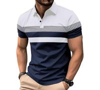 Comilaka Men's Polo Shirts Short Sleeve Casual Striped Shirts Contrast Color Patchwork Summer T Shirts Dark Blue