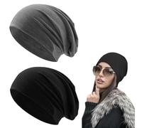 Comioke Unisex Slouchy Beanie Cap,2PCS Multifunctional Lightweight Beanies Hats, Thin Running Skull Cap, Unisex Elastic Size Universal, for Daily Wear Adults Women and Men, Black+Grey