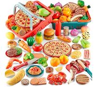 Comirth Play Food Sets for Kids Kitchen-80PC Pretend Food with 2 Kids Picnic Basket, Toy Food with Pizza Toy, Plastic Food Cutting Toys, Play Kitchen Accessories - Fake Food, Boys Girls Toddlers Gifts