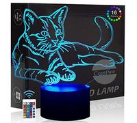 Comiwe Cat (A) 3D Illusion Night Light Toys,16 Colours Change Smart Touch & Remote Control,Home Decor LED Bedside Table Desk Lamp,Christmas Birthday Gift for Girls Boys Kids Adults Friends & Family