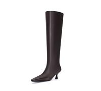 COMJUY Kitten Heel Knee High Boots for Women, 1.5-in Stiletto Low Heel Long Boots Women Knee High, Womens Pull on Square Toe Tall Boots, Below the Knee Boots Faux Leather, Brown, 9 UK