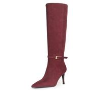 COMJUY Knee High Boots Women Stiletto High Heel 3.3in, Side Zipper Pointed Toe Metal Buckle Tall Boots Dress Boots for Women, Comfortable Faux Leather Below the Knee Long Boots, Burgundy Suede, 4 UK