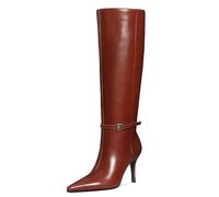 COMJUY Knee High Boots Women Stiletto High Heel 3.3in, Side Zipper Pointed Toe Metal Buckle Tall Boots Dress Boots for Women, Comfortable Faux Leather Below the Knee Long Boots, Brown, 4.5 UK