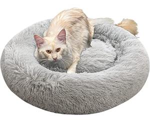 Comlax Calming Donut Dog Beds Large, Round Cushion with Removable Washable Cover, Anti-Anxiety Faux Fur Cuddler, Fluffy Comfy Furry Pet Bed (70cm, Silver)
