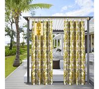 Comlax Outdoor Curtains Waterproof - 132x275 cm Tropical Leaves Printed Garden Thermal Insulation Blackout Drapes Detachable Buckle Tieback for Indoor Window and Outside Porch Pool, Balcony, Gold