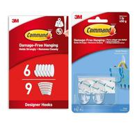 Command 9 Adhesive Strips - Damage Free Hanging - Holds up to 1.3kg & Small Hooks with Clear Strips, Pack of 2 Hooks + 4 Adhesive Strips, Transparent