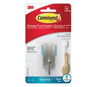 Command Bath Hook, Small, Satin Nickel Metal - Water Resistant - 1 Small Hook and 2 Adhesive Strips - Hang Towels, Robes and other Bathroom Accessories - Ideal to avoid Drilling through Tiles