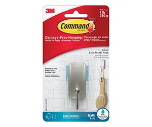 Command Bath Hook, Small, Satin Nickel Metal - Water Resistant - 1 Small Hook and 2 Adhesive Strips - Hang Towels, Robes and Other Bathroom Accessories - Ideal to Avoid Drilling Through Tiles