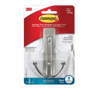 Command Bathroom Large Double Hook, Pack of 1 Hook and 2 Adhesive Strips, Metal - Damage Free Hanging - Holds up to 1.8 kg, Satin Nickel