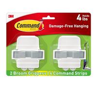Command Broom and Mop Grippers Wall Hook, Damage Free Hanging Wall Mount Broom and Mop Holder, No Tools Household Cleaning Organizer for Living Spaces, 2 Hangers and 4 Strips