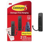 Command Decorative Hook, Matte Black Double Hook, Indoor use - 2 Metal Medium Hooks and 3 Adhesive Strips - Hang Jackets, Purses, Handbags, Backpacks, Hats, Scarves, Dog Leads - Organise Damage Free