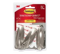 Command Designer Hooks, Medium, Brushed Nickel, 3-Hooks (17081BN-3ES), Great for dorm decor