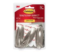 Command Designer Hooks, Medium, Brushed Nickel, 3-Hooks (17081BN-3ES), Great for dorm decor