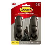 Command 5 lb Large Oil Rubbed Bronze Metal Hooks, 2 Hooks and 4 Strips, Damage Free Coat Hooks with Adhesive Strips, Forever Classic Hooks for Christmas Decorations