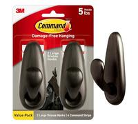 Command 5 lb Large Oil Rubbed Bronze Metal Hooks, 2 Hooks and 4 Strips, Damage Free Coat Hooks with Adhesive Strips, Forever Classic Hooks for Christmas Decorations