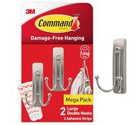 Command Large Double Hooks, Brushed Nickel, 2 Hooks and 3 Adhesive Strips | Adhesive Wall Hooks, Damage-Free Hanging for Coats, Bags and Accessories, Ideal for Wardrobes, Holds 1.8 kg, Removes Cleanly