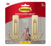 Command Large Wall Hooks, Damage Free Hanging Wall Hooks with Adhesive Strips, Double Wall Hooks for Hanging Back to School Dorm Organizers, 2 Satin Brass Plastic Hooks and 2 Strips