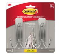 Command Large Wall Hooks, Damage Free No Tools Double Wall Hooks for Hanging Decorations in Living Spaces with Adhesive Strips, 2 Brushed Nickel Plastic Hooks and 2 Strips