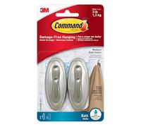 Command Medium Bath Hooks, Holds up to 3 lb, 2 Shower Hooks, 4 Water Resistant Strips, Brushed Nickel Colored, Damage Free Bathroom Organization for Robes, Towels, or Loofahs