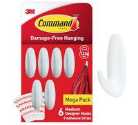 Command Medium Designer Hooks, White - Pack of 6 Hooks and 9 Adhesive Strips - Damage Free Hanging - Holds up to 1.3kg